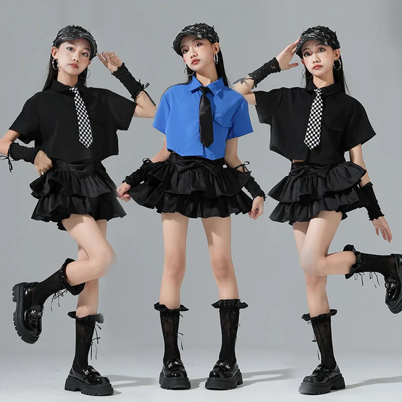 

Kpop Jazz Dance Costumes Girls Blue Shirt Black Skirt School Show Performance Suit Fashion Runway Trendy Suit Streetwear VDL4123