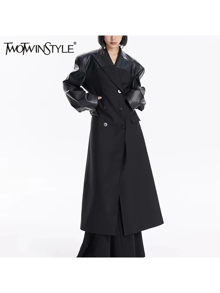 

TWOTWINSTYLE Colorblock High Street Coats For Women Lapel Long Sleeve Spliced Double Breasted Loose Long Trench Female Fashion