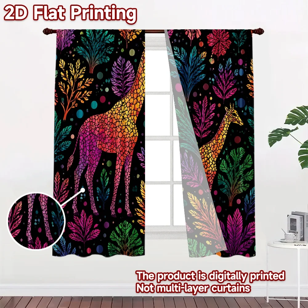 2D flat 2pcs Curtain Vintage drapes Curtains Colorful Giraffes and Leaves Digitally printed polyester, colorfast Holiday