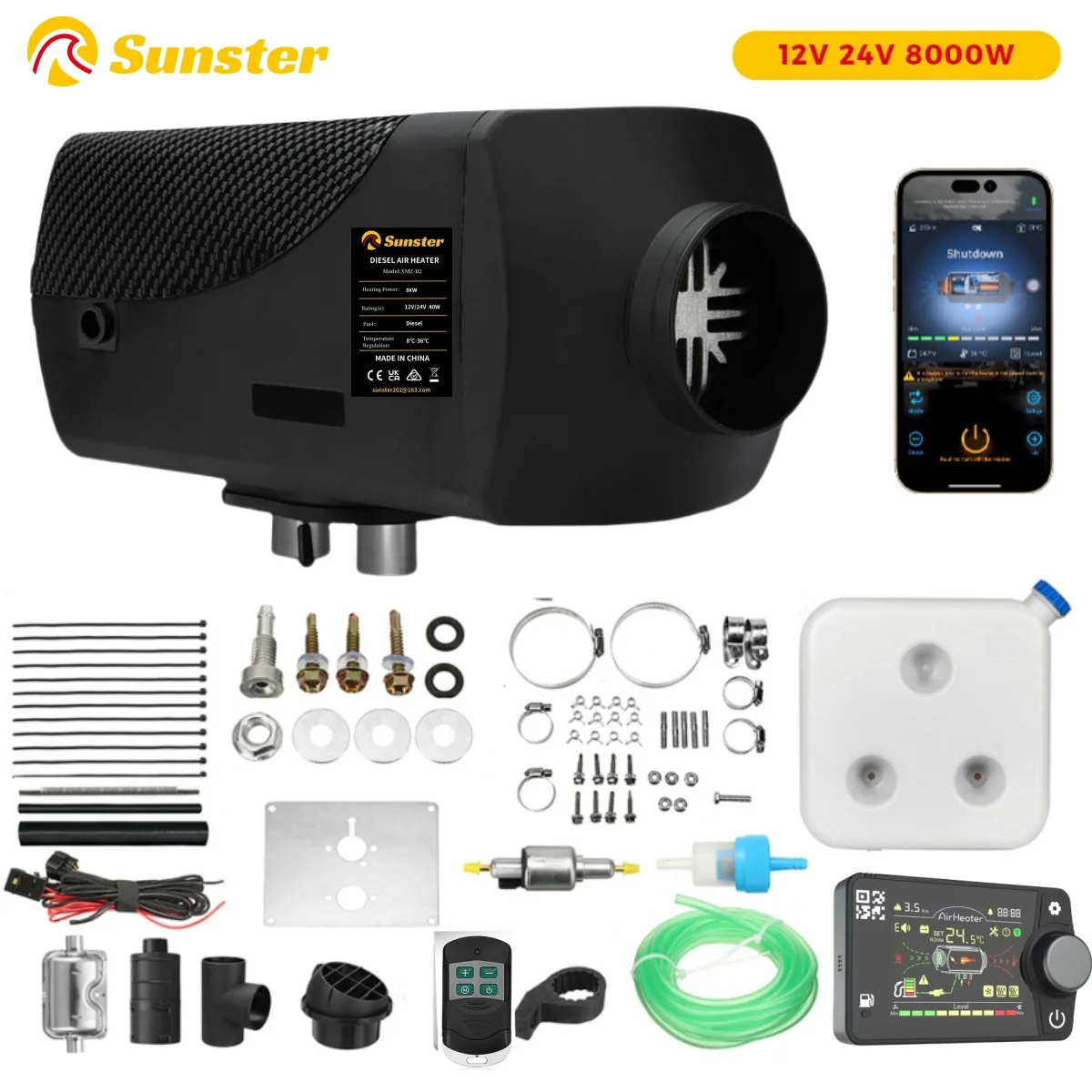 Sunster  8KW 12V&24V Diesel Air Heater With LCD Switch & bluetooth APP for RV Trailer Boat Truck Factory Home Bus Diesel Heating