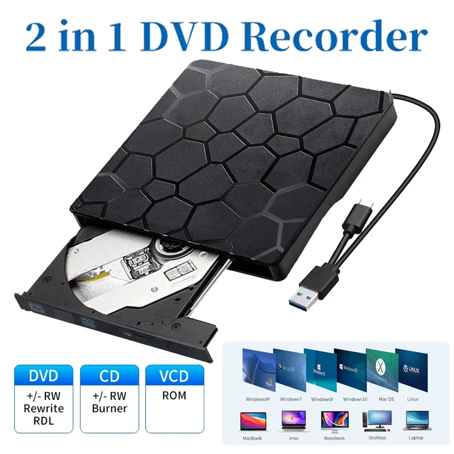 Lecteur DVD RW externe 2 en 1, Interface USB 3.0 Type C, graveur DVD CD mince, lecteur optique pour ordinateur portable et Notebook
