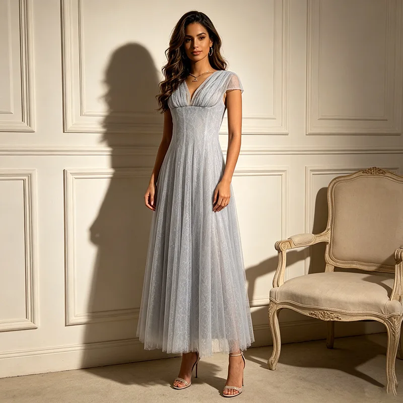 High Quality Lace Mesh Wrinkle Dresses Spring Women Deep V-neck Short Sleeve Dress High Waist Zipper Backless Knee Length Dress