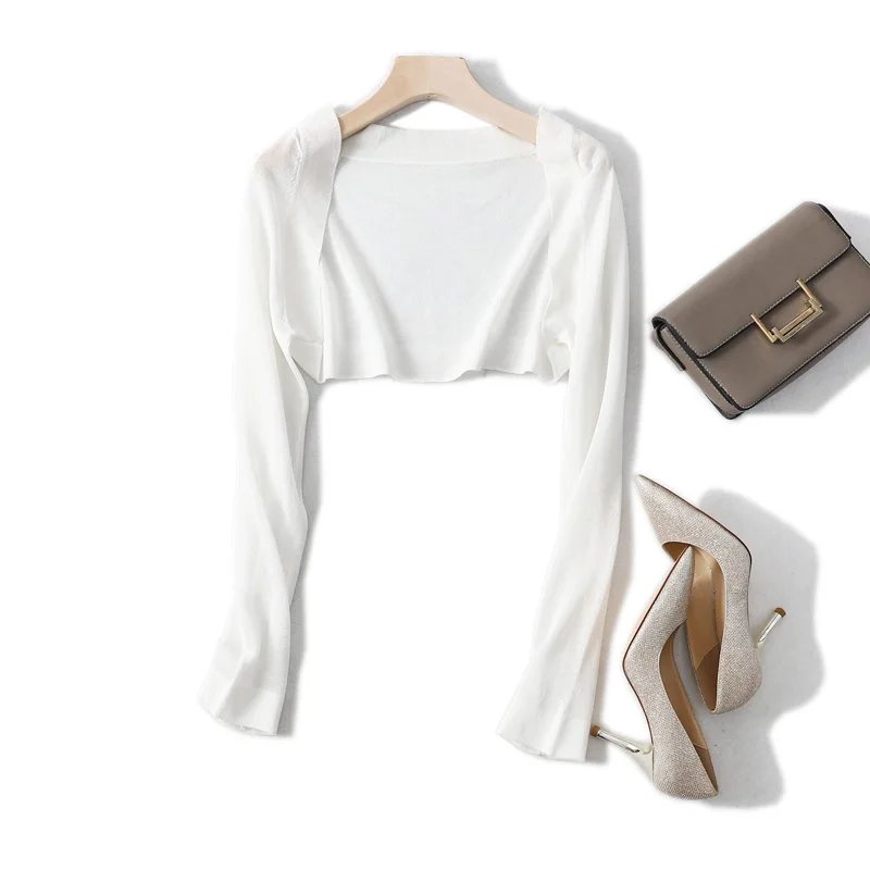 Long Sleeve Crop Cardigan for Women Plain Shrug Top Open Front Knitted Sweater Jacket Summer Teen-girl Fairycore Outfit