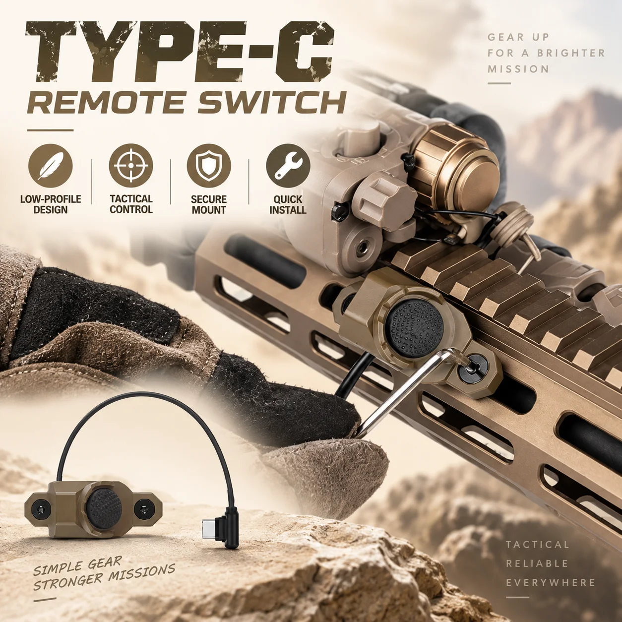 Tactical Single Wire Metal Switch Type-C Connector Remote Pressure Button Rail Mount Control for Outdoor Training Gear Accessory