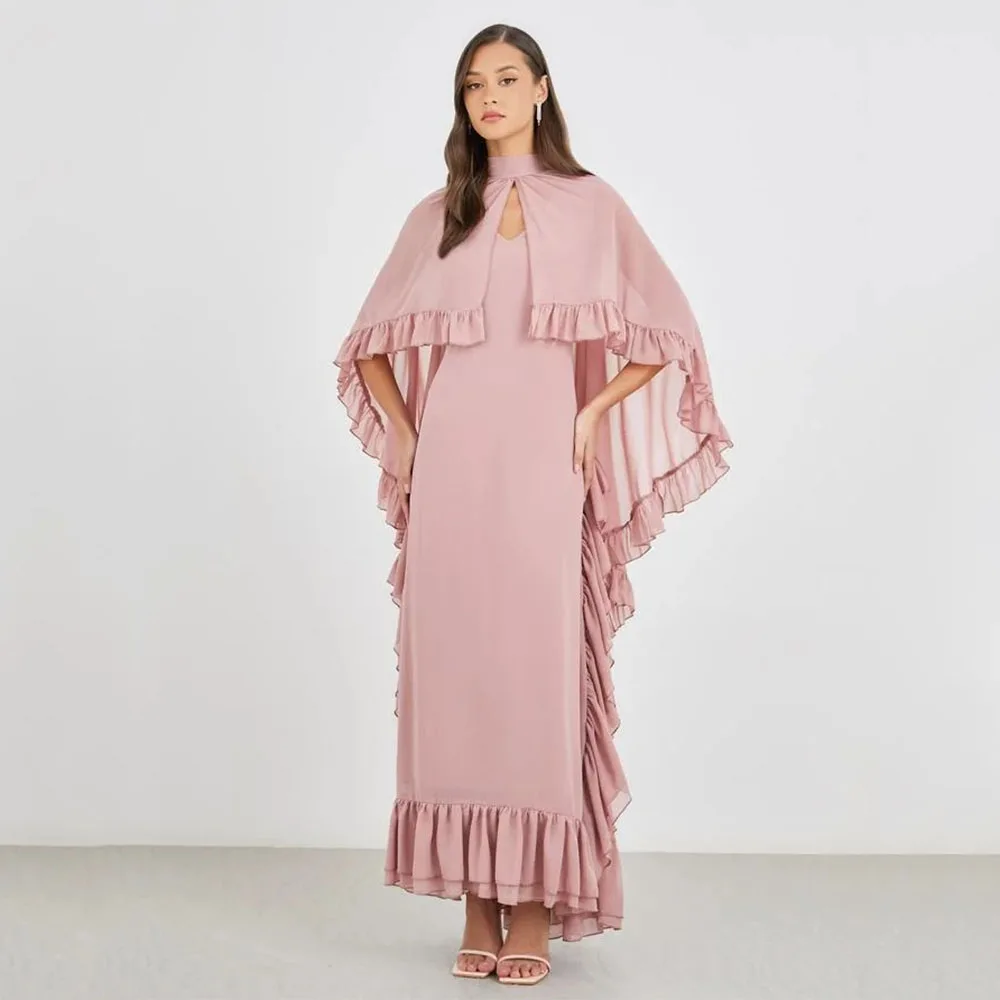Customized Maxi Prom Dresses for Women 2026 Pink Chiffon Modern Party Gowns Ruffle Tiered High Collar Cape Formal Evening Dress