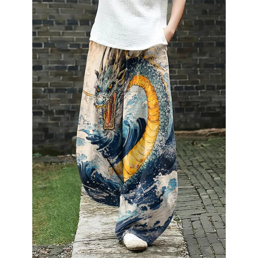 Roaring Dragon Print Wide Leg Pants Vintage Women's Classic Trousers Harajuku Casual Summer Loose Streetwear Boho Chic Bottoms