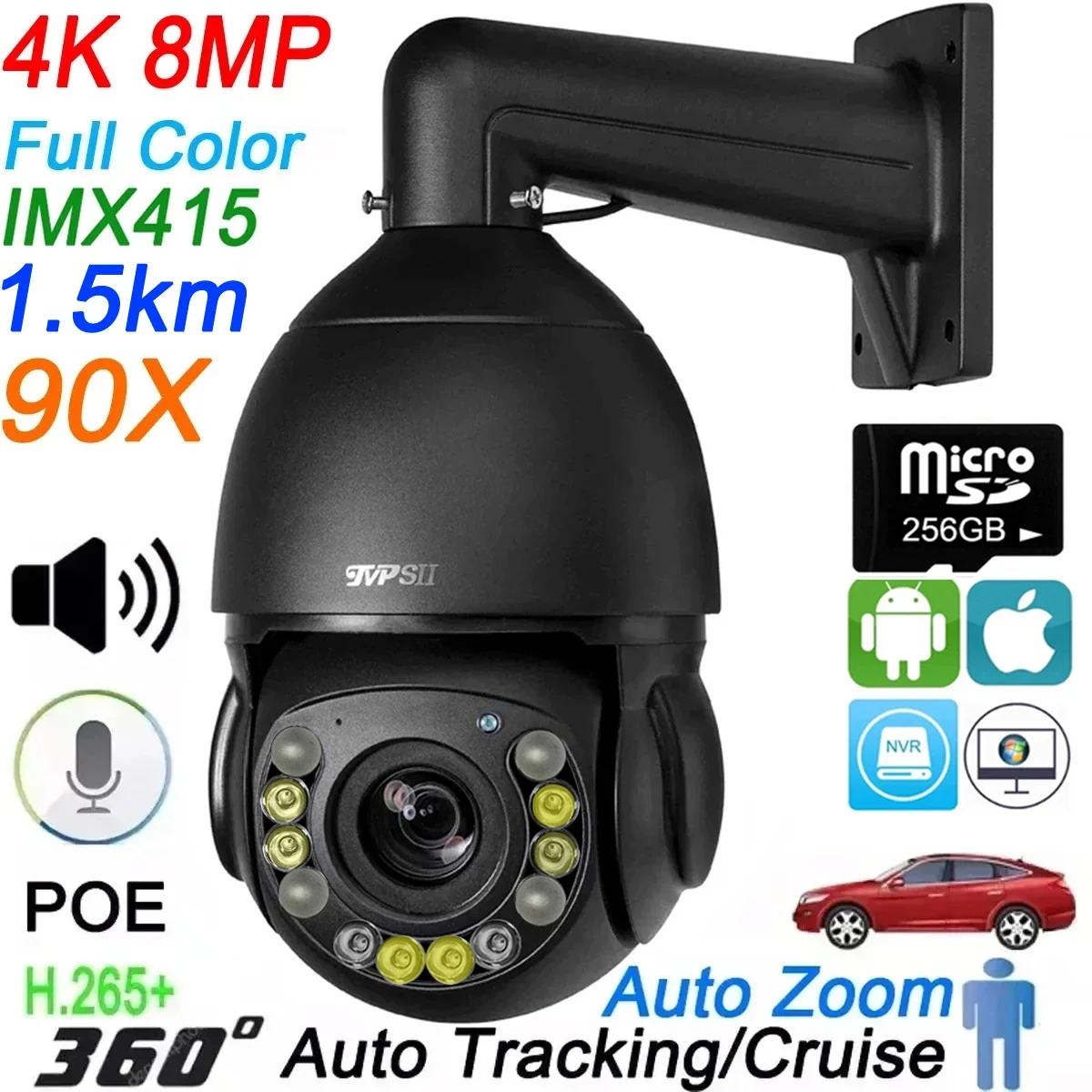 camera de vigilancia de velocidade ip max512gb auto tracking 8mp 4k h265 mais zoom optico 90x audio 360 onvif ptz poe preto colorido 01