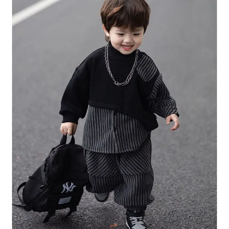 Children\'s Clothes Spring Autumn Boys\' Shirt Pants Two-piece Set Korean Spliced Stripe Street Style Fashion Colored Street Suits