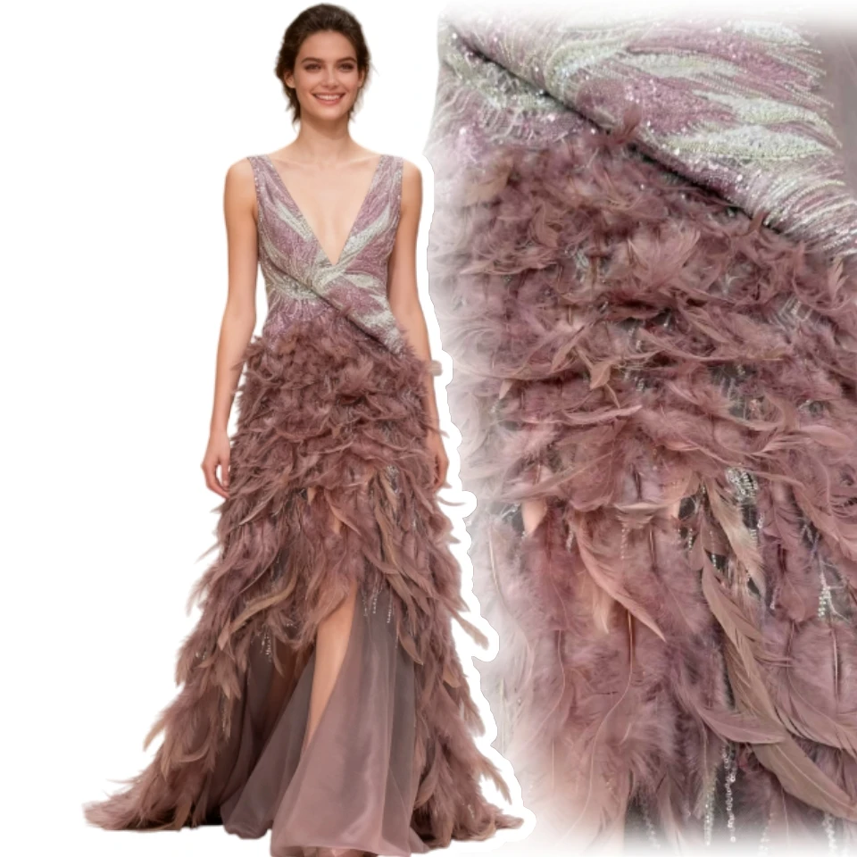 Haute lusso fatto a mano 3D piuma applique design moda africana in rilievo pizzo netto tessuto francese abito da sera in pizzo netto CC1809