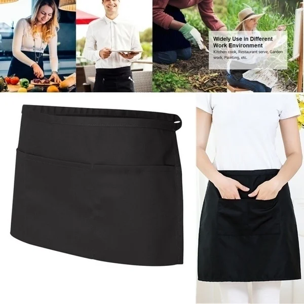 1PC Universal Unisex Half Bust Bib Apron Restaurant Kitchen Coffee Tea Shop Waitress Uniforms Waist Short Apron With Pockets