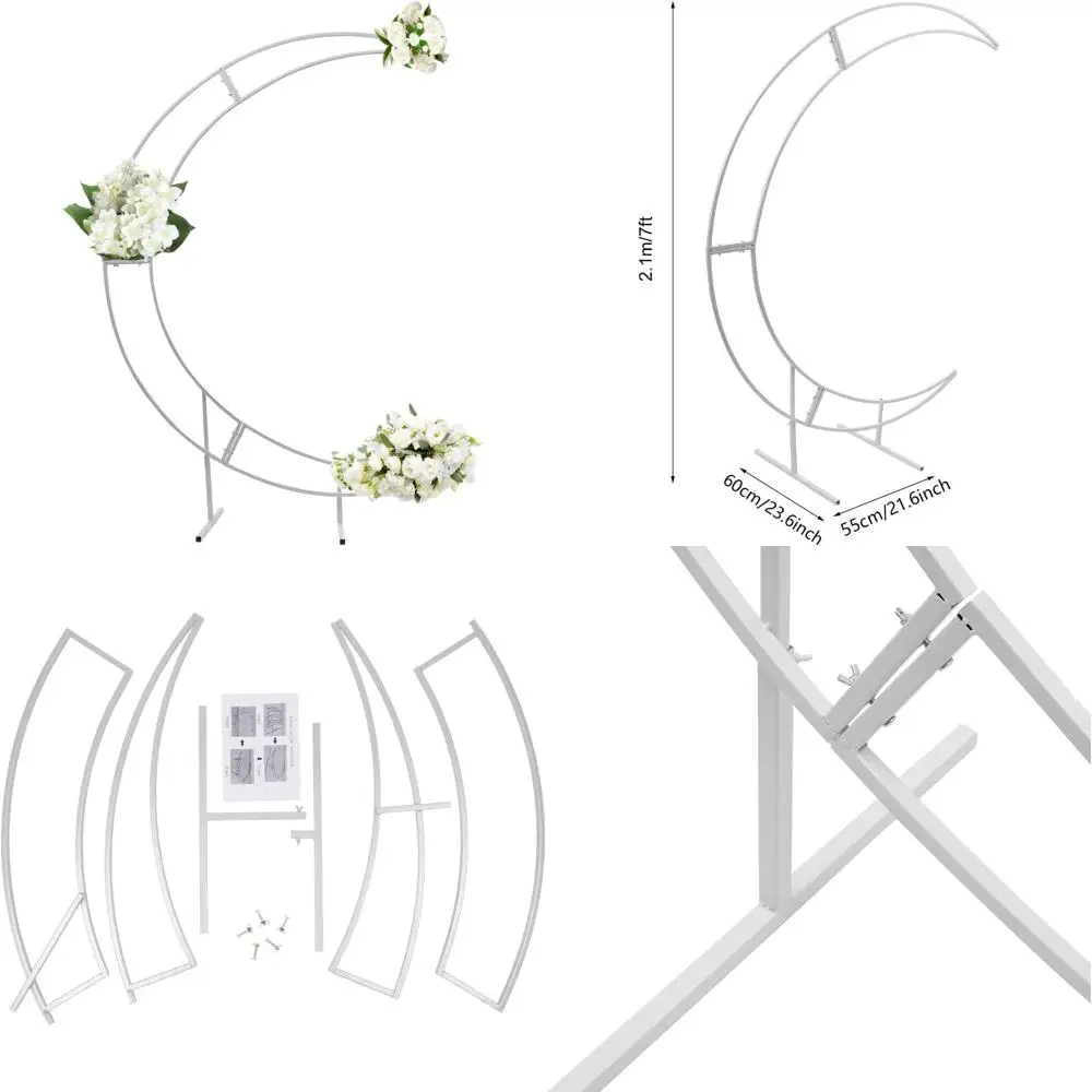 

7-футовая высокая белая металлическая подставка для свадебной арки в форме полумесяца, изогнутая рама из углеродистой стали 16 мм для свадеб и дней рождения
