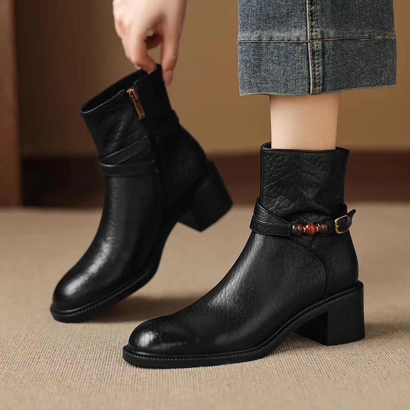 

2026 New Autumn Women Boots Round Toe Chunky Heel Shoes Genuine Leather Shoes for Women Concise Zipper Ankle Boots Western Boots