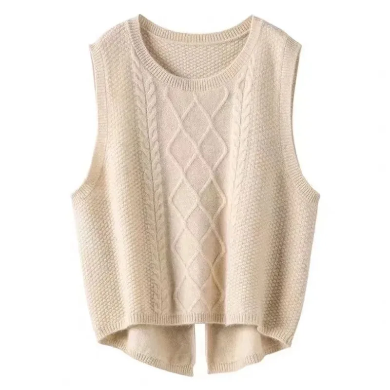 

Knitted Vest Women's Solid Color Twist Round Neck Short Spring and Autumn Sleeveless Sweater