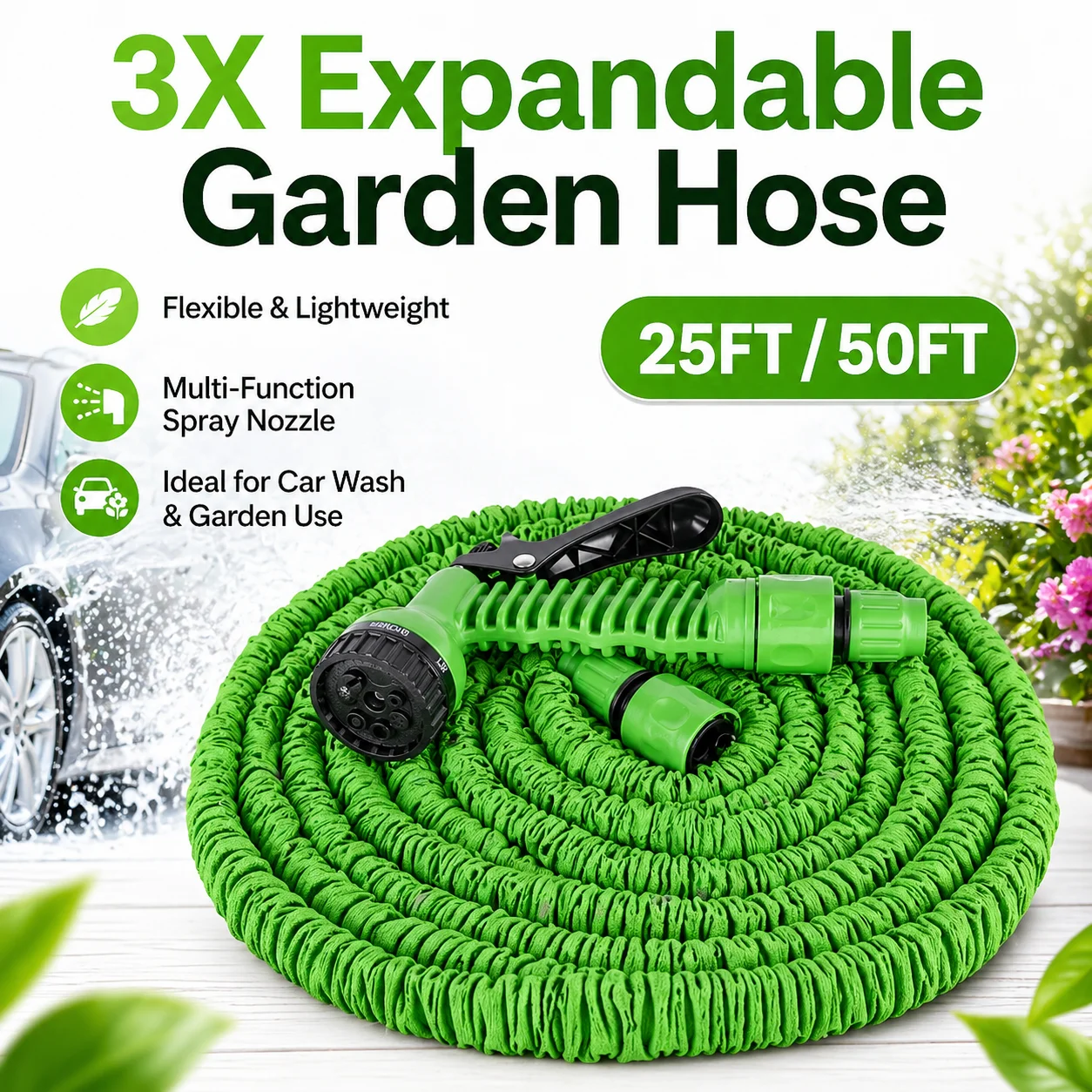 New 3X Telescopic Garden Hose With High-Pressure Multifunctional Spray Gun, Expandable Water Hose For Car Wash And Home Garden