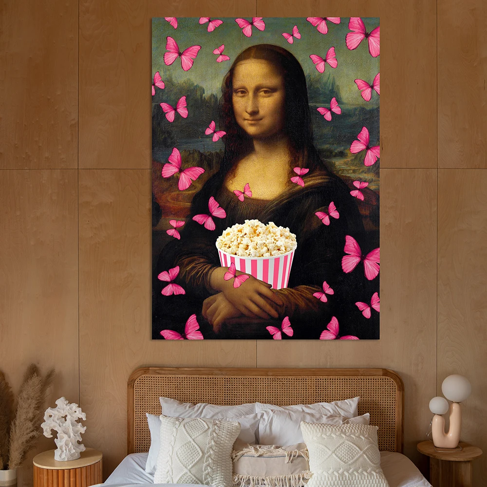 

Mona Lisa With Pink Popcorn Butterflies Altered Art Famous Renaissance Portrait Funny Prints and Canvas Posters For Room Decor