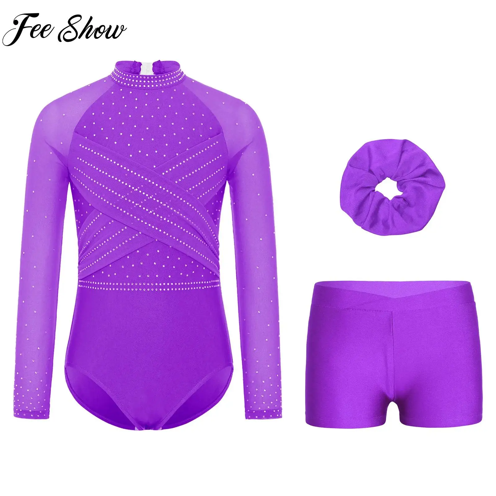 

Girls 3-piece Gymnastics Athletic Figure Skating Ballet Dance Outfit Rhinestones Mesh Leotard+Shorts+Hair Band Performance Set
