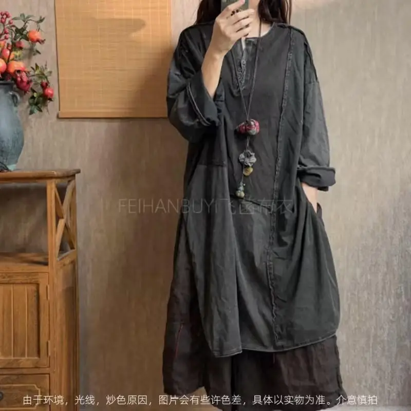 New Arrival 2026 Arts Style Spring Autumn Women V-neck Loose Casual Long Tshirt Patchwork Design Cotton T-shirt Femme Tops F79