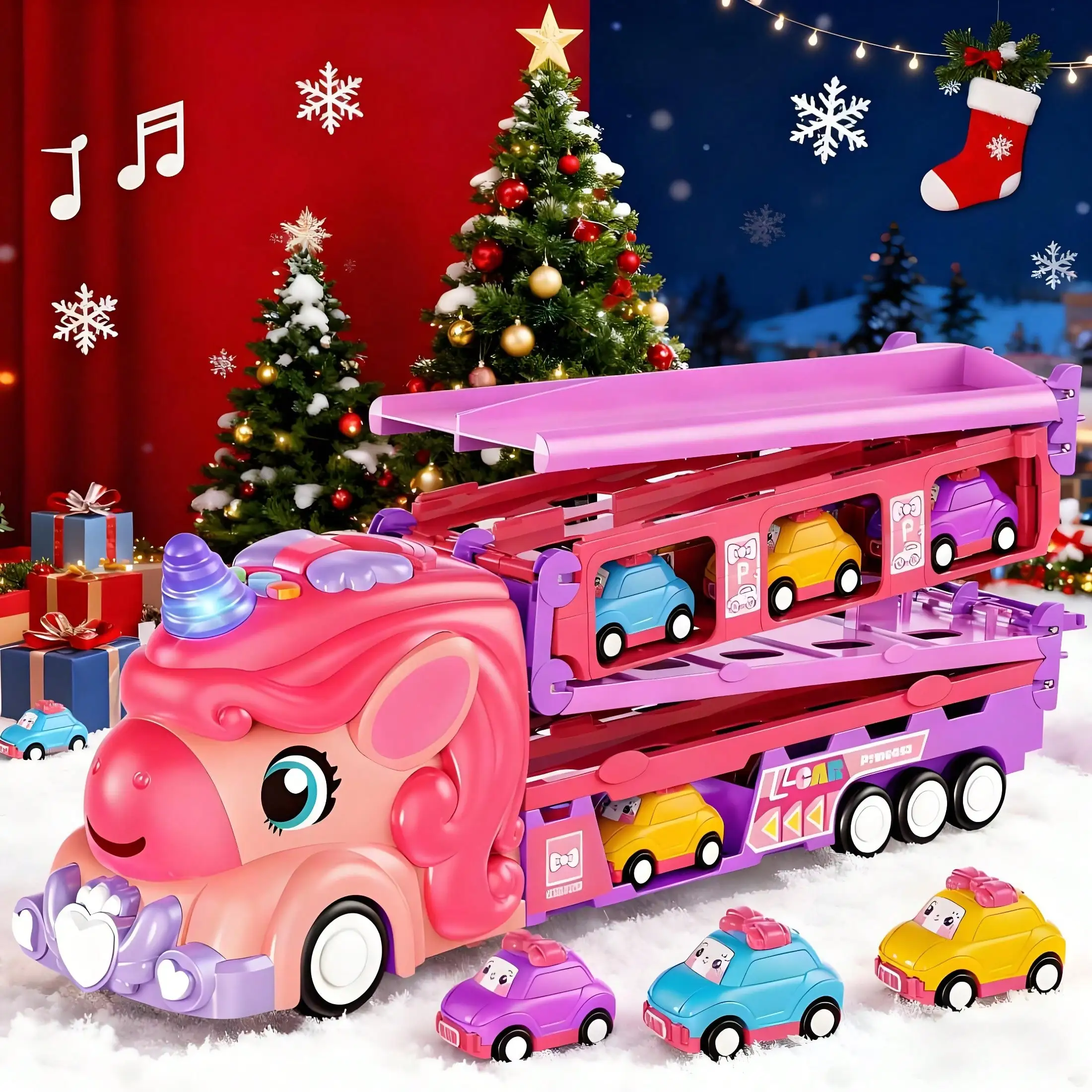 Unicorn Truck & Cars Toys With Lights & Sound,Friction-Powered Toys With 6 Cars & 2-Player Fold Out Track,Best Birthday Gift For 4 5 6 7 Year Old Girls For Christmas