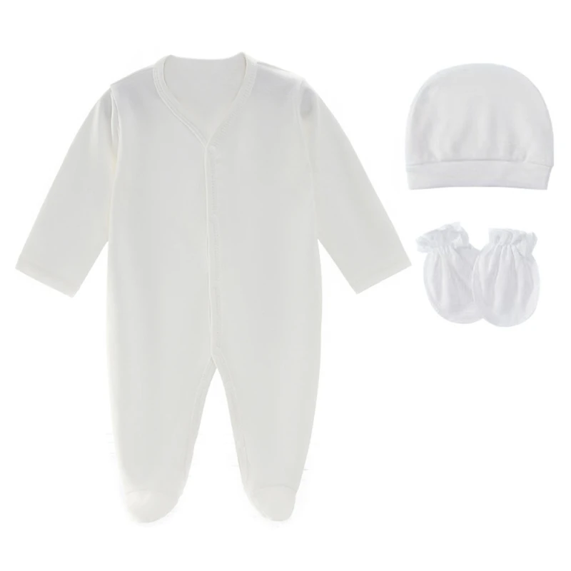 Cotton Gloves & Hospital Caps with Romper Long Sleeve Newborns Baby Essential W3JF