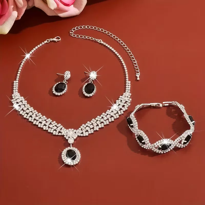 1 Set of Jewelry Includes (1 Pair of Earrings + 1 Necklace + 1 Bracelet) Fashionable Middle Eastern Women's Jewelry Set, Three-Piece Set with Sparkling Rhinestones, Suitable for Brides and Bridesmaids, Perfect for Proms, Banquets, and Parties