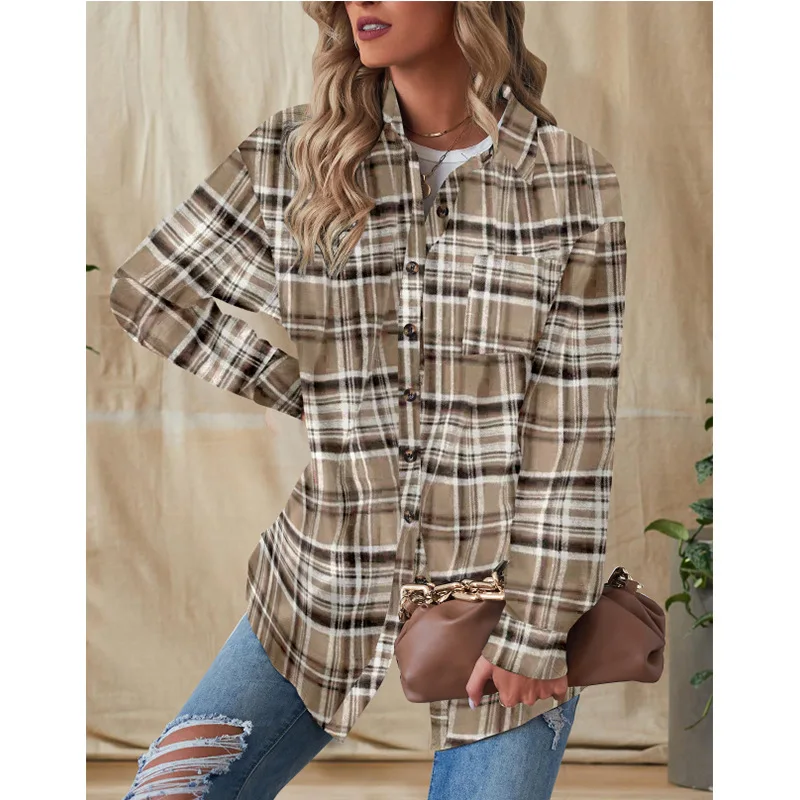 2023 New Autumn and Winter Fashion Simple Plaid Shirt Collar Panel Long Sleeve Temperament Casual Boyfriend Style Loose Shirt