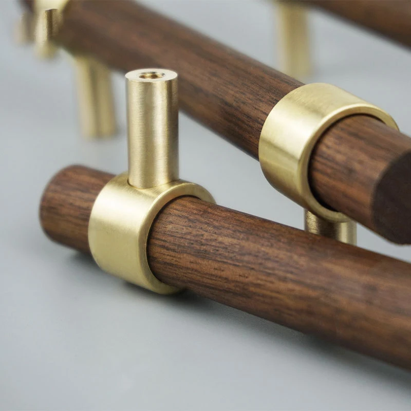 Combinant of Brass and Walnut Wood Furniture Handles Wooden Dresser Knobs Kitchen Cupboard Pull Handles for Cabinets and Drawers