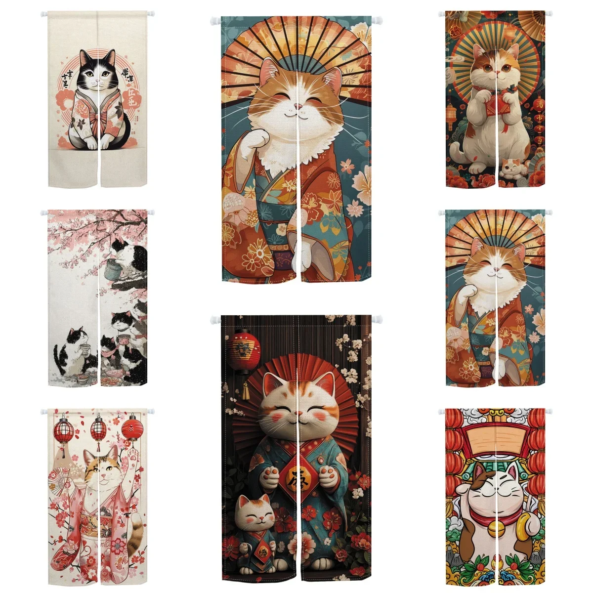 Noren Japanese Door Curtains Cherry Blossom Cat Ramen Restaurant Izakaya Partition Linen Doorway Curtain Kitchen Half Curtain