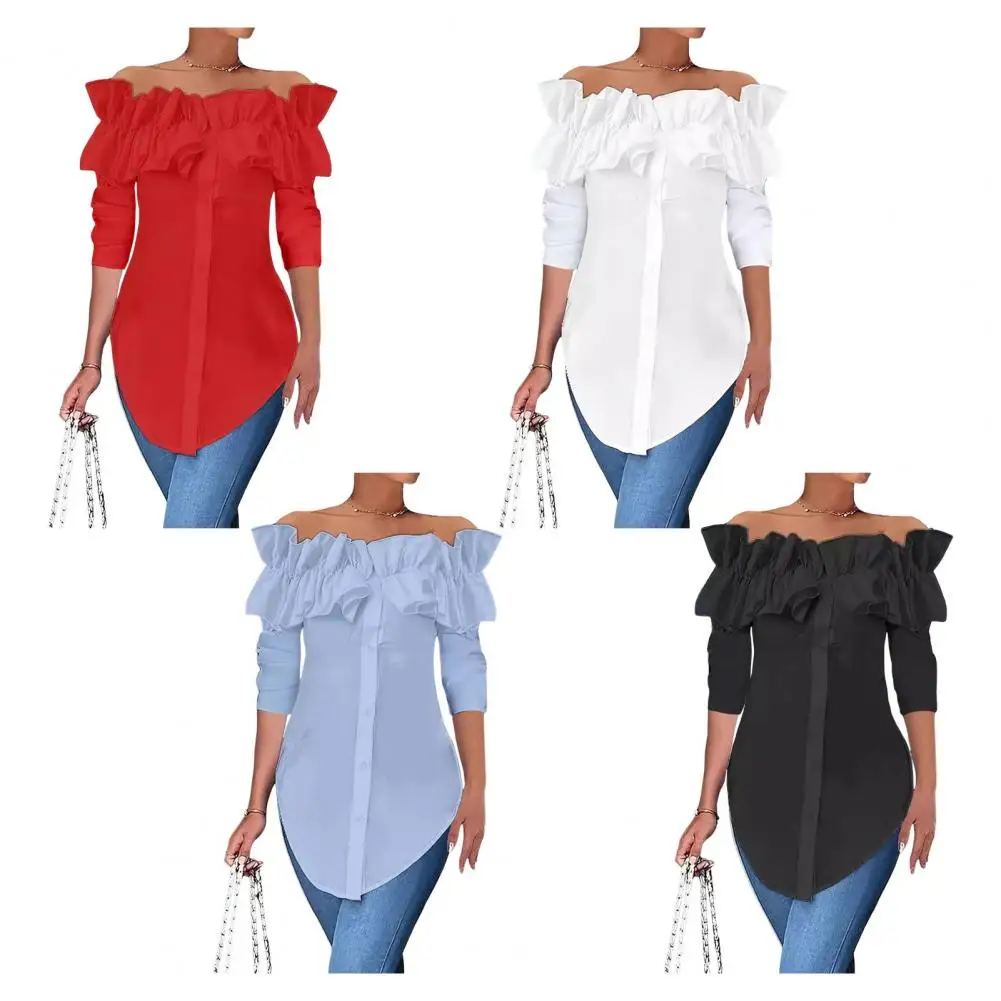 Fashion Women's Loose-fit Ruffled One-shoulder Blouse Half Sleeve Solid Color Elastic Shoulder T shirts Summer Casual Streetwear