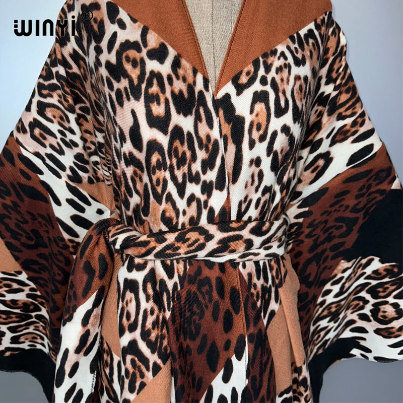 WINYI leopard print Autumn cardigan Africa women clothes maxi jacket coat abaya poncho for women cape loose dress with belt