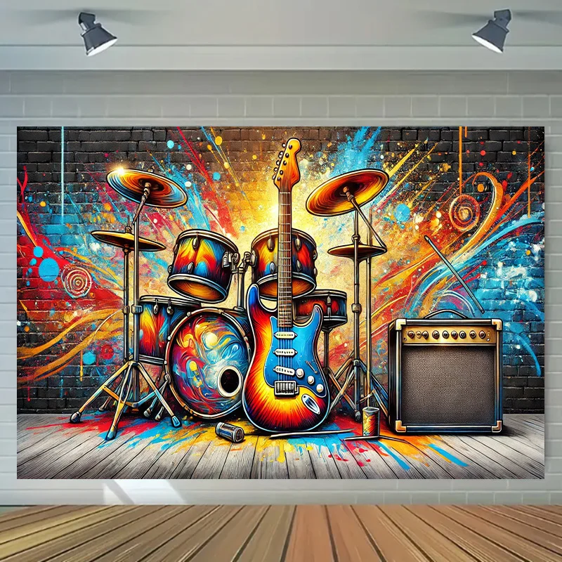 1-Multifunktions-Banner mit Gitarren- und Trommel-Graffiti – perfekt für Fotografie, Film- und Event-Dekoration