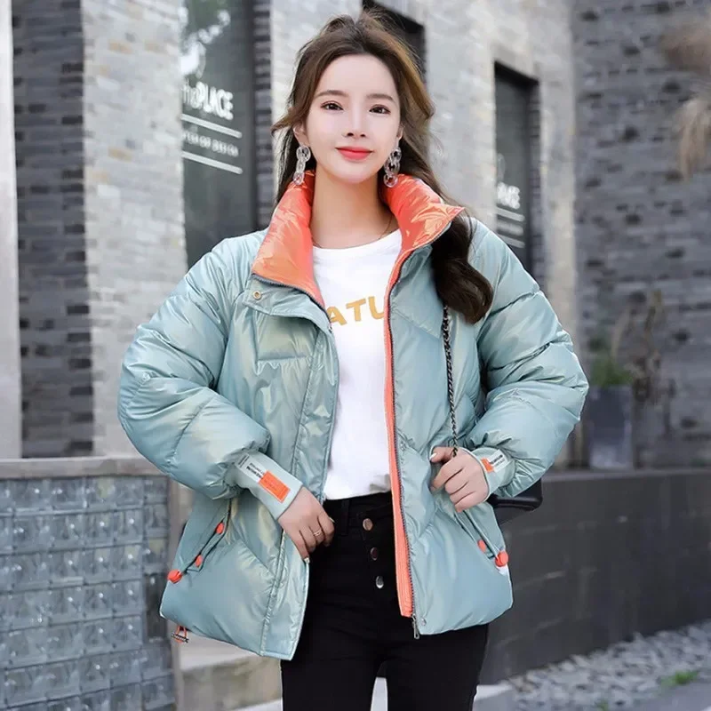 

Winter Women Fashion Down Parkas Thick Jackets Short Cotton Padded Glossy Parka Outerwear Female Casual Coat New Jacket Overcoat