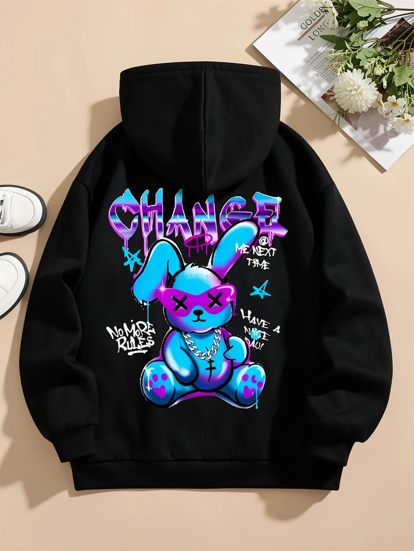 No More Rules Cool Bunny Dripping Paint Back Print Hoodie Hip Hop Street Autumn Winter Sweatshirt Male Oversized