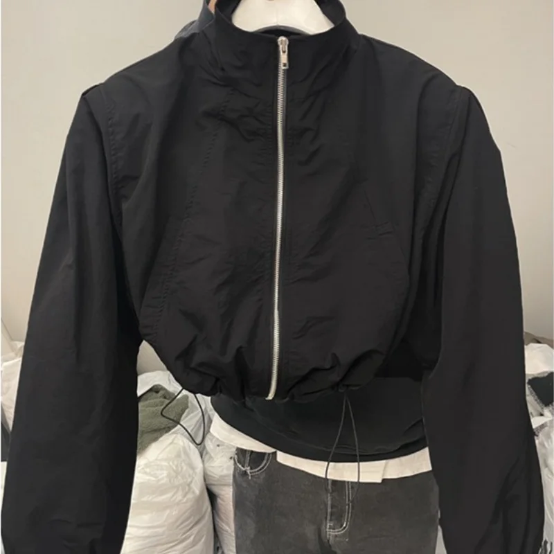Vintage Women's Jackets Autumn Cropped Windbreaker Techwear Waist-Cinching Streetwear Long Sleeves Casual Female Oversized Top