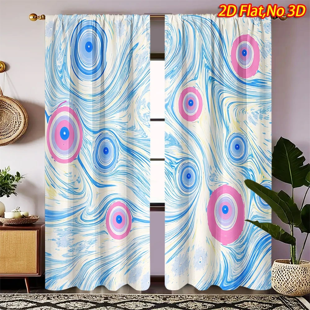 2D Flat Printed Blue & Pink Ripple (Swirl) Pattern Curtain 2pcs Polyester Privacy Window Curtain for Bedroom Living Room