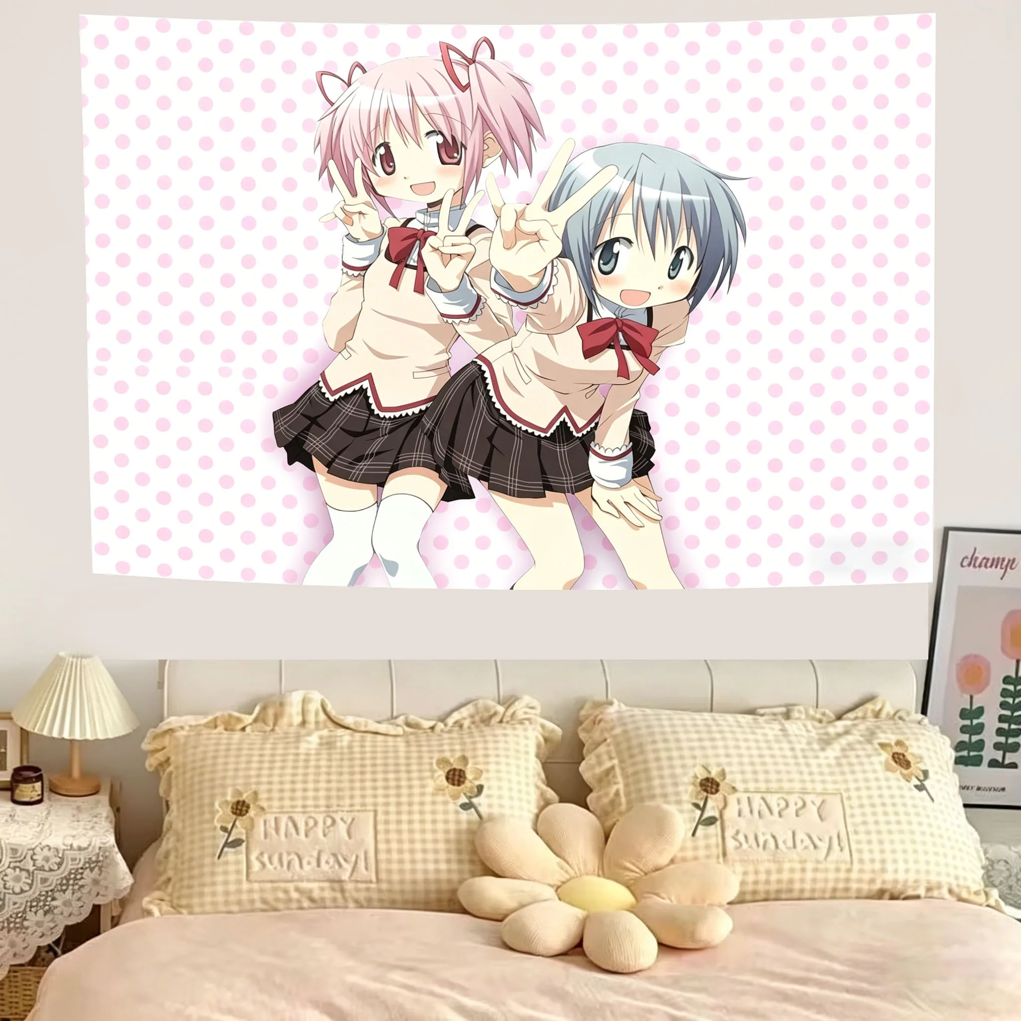 VIKAMA Magical Girl Tapestry Bohemian Tapestry Pink Polka Dot Tapestry Design Bedroom Dorm Tapestry Aesthetic Wall Hanging Decor