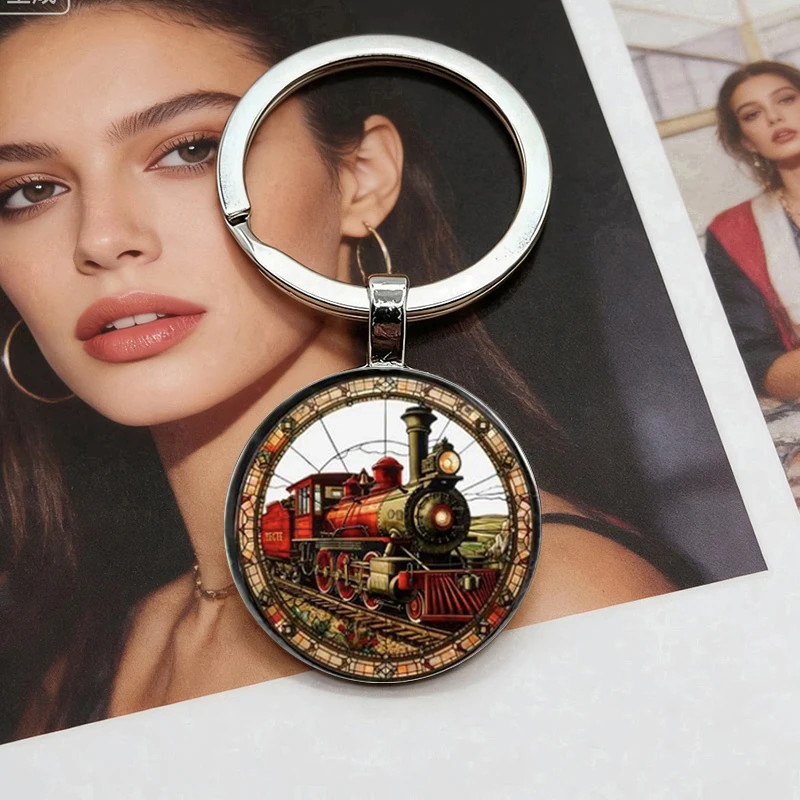 Vintage train pattern dome glass alloy keychain pendant, birthday gift