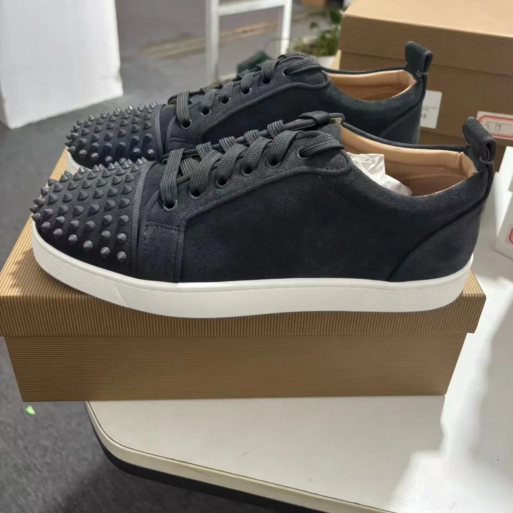 Gray Flannel Leather Red Sole Sneakers For Women Men Round Toe Lace-Up Flat Sole Casual Sports Shoes Unisex Custom 35-46 Size DE view 2