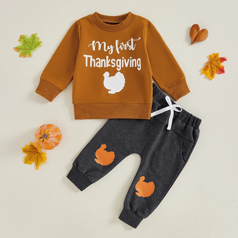 

Suefunskry Baby 2Pcs Thanksgiving Day Outfits Long Sleeve Turkey Print Pullover Tops + Pants Set Toddler Clothes