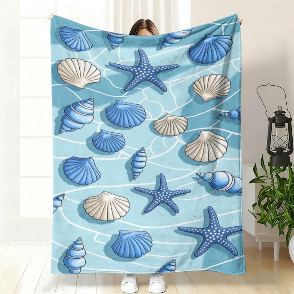 Blue Seashell Starfish Ocean Print Throw Blanket soft bedroom window seat Blanket office lounge deck Birthday Anniversary gifts