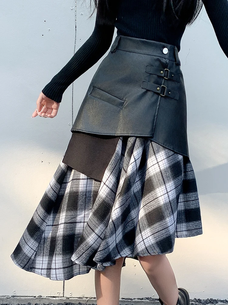 Stylish 2 Piece Stitching PU Plaid Skirts Women Korean Fashion High Waist Irregular Skirt 2024 New Autumn Winter Outfits Skirts