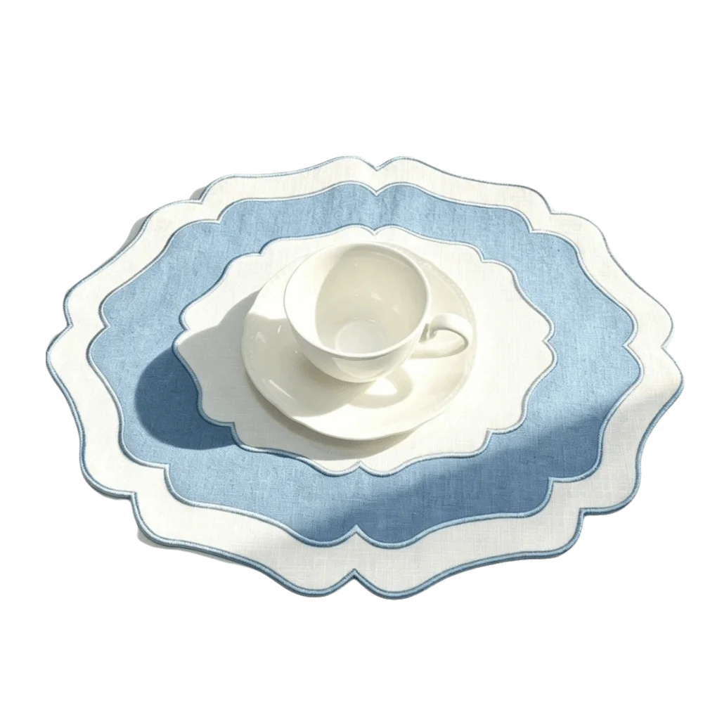 Heat Insulation Scalloped Linen Placemat Machine Washable Wear Resistant Linen Embroidered Placemat Restaurant Use