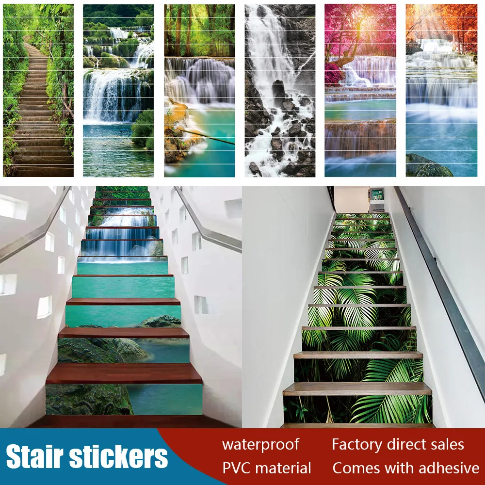 

6/13Pcs Waterfall Scenery Landscape Stair Stickers Mural Self Adhesive Vinyl Staircase Riser 3D Wallpaper Home Decoration