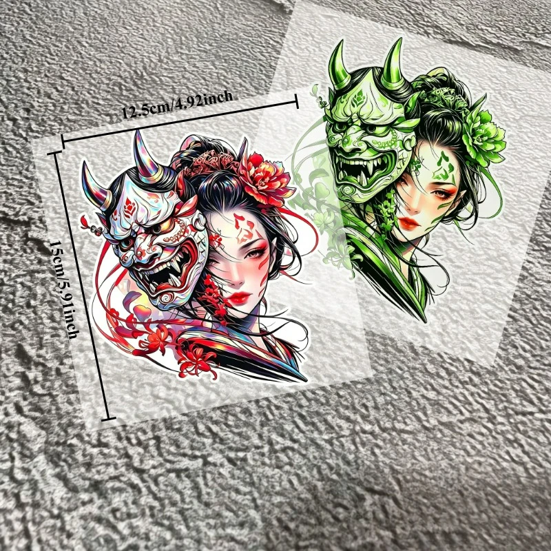 1PC JDM Geisha & Oni Mask Reflective Vinyl Sticker, 2D Decal for Car, Motorcycle Fuel Tank & Helmet Decor