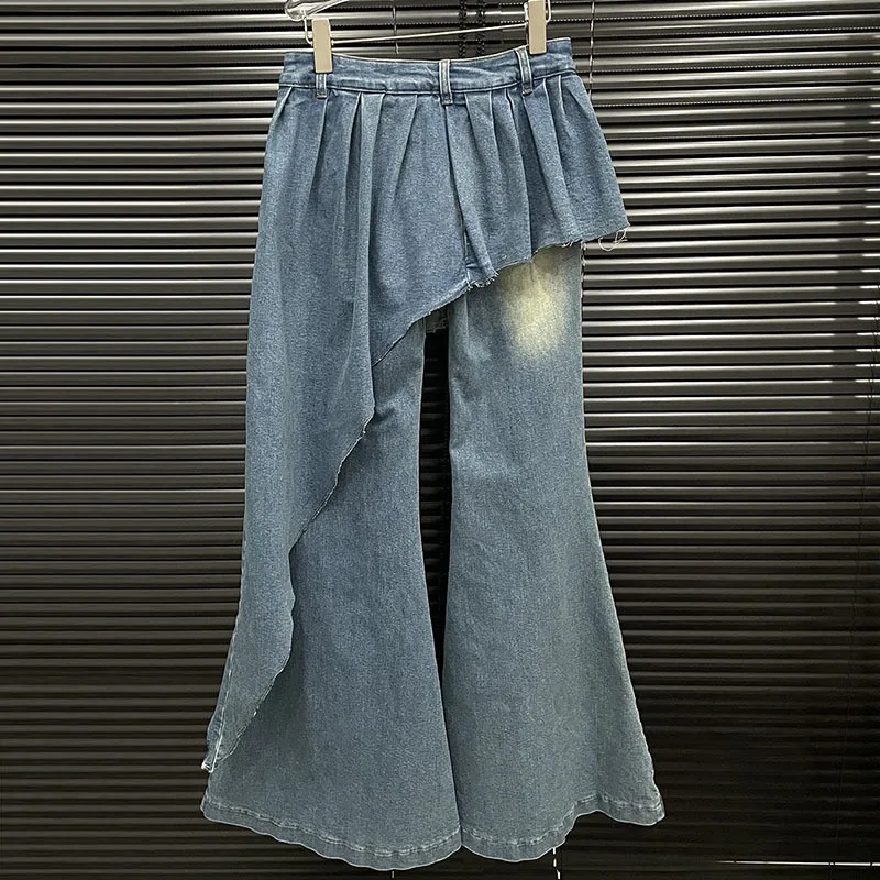 DEAT-Jupe irrégulière évasée pour femme, pantalon en jean taille haute, pantalon en denim, personnalité, faux deux, nouveaux articles, automne, Chim2024, 29L8712