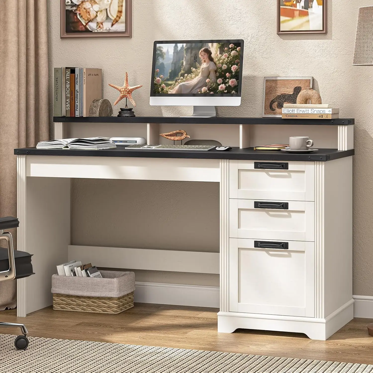 Farmhouse Desk 3 Drawers Computer Desk File Drawer A4 Files Home Office Living Room Study Rustic White Black, Customized