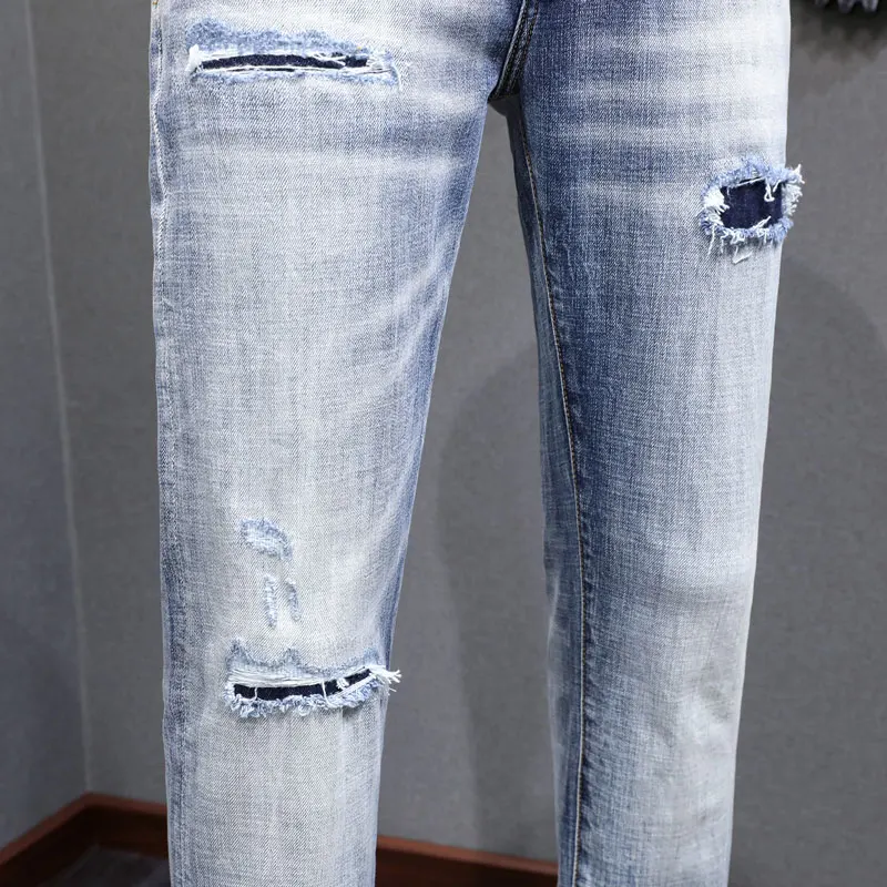Street Fashion Men Jeans High Quality Retro Light Blue Stretch Slim Patched Ripped Jeans Men Brand Designer Vintage Denim Pants