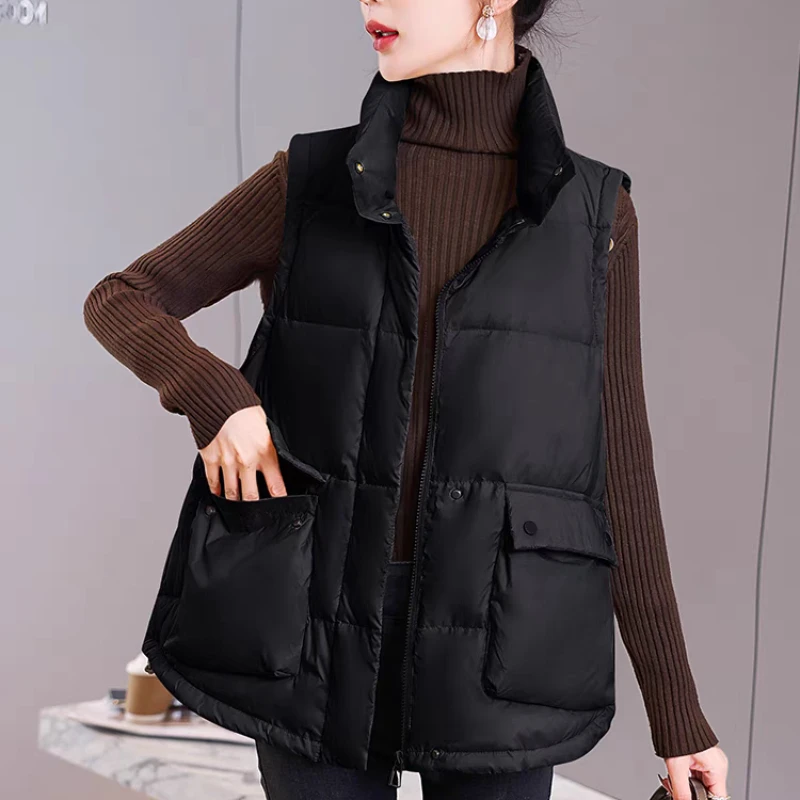 Sleeveless Down Jacket with Large Pockets for Women, Warm Vest, Sleeveless, Standing Collar, Casual, 2024 Autumn and Winter