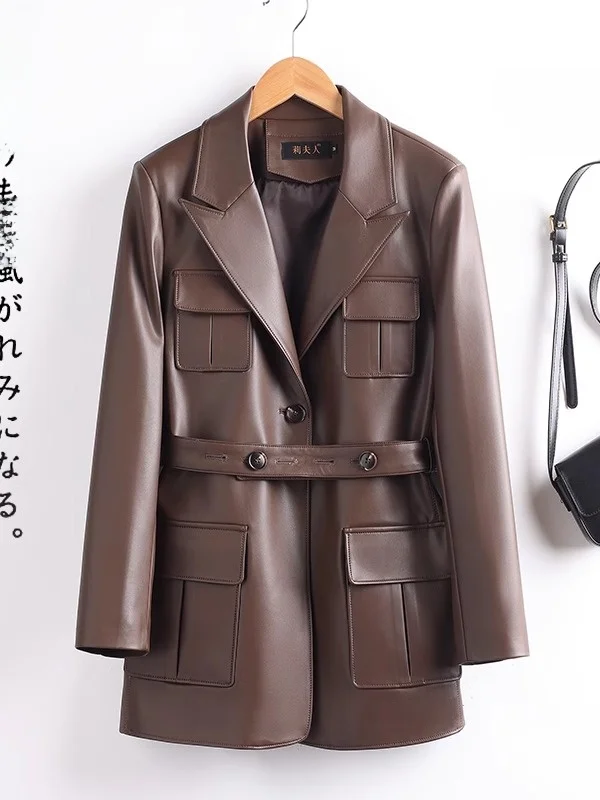 Primavera Autunno 2025 Nuovo Cappotto Haifeng in Vera Pelle di Pecora, Giacca a Vento Femminile di Media Lunghezza con Cintura alla Moda