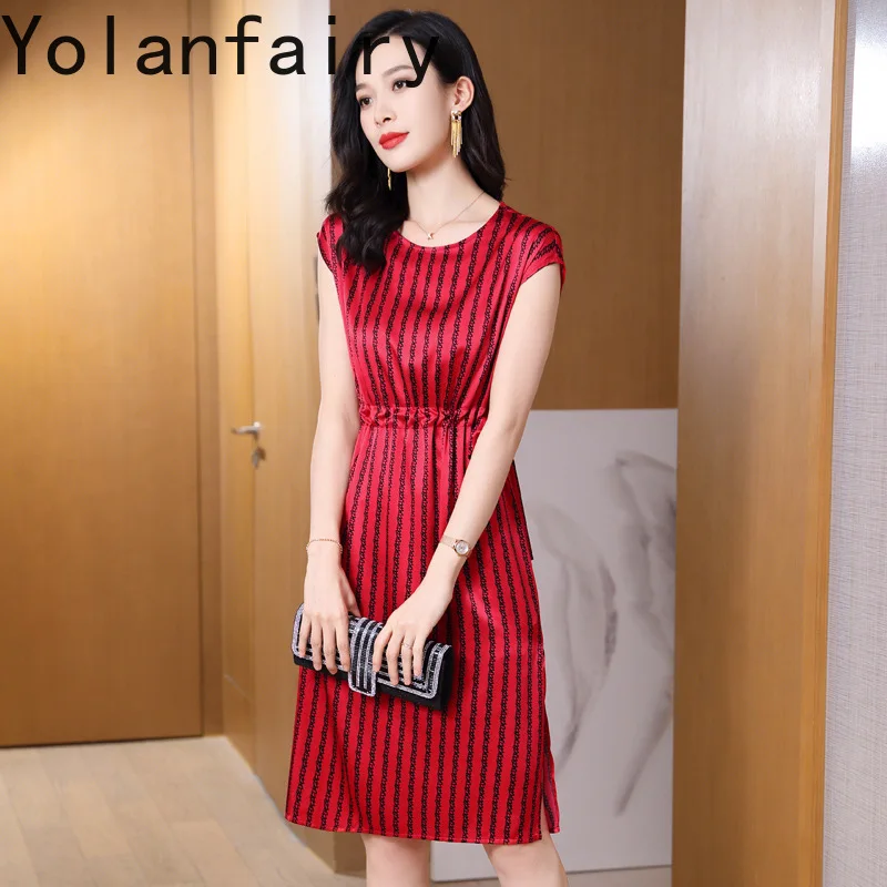 YOLANFAIRY 91.8% Real Mulberry Silk Dress for Women Summer Fashion Striped OL Dresses 2026 Woman Short Sleeve Dress Elegfant
