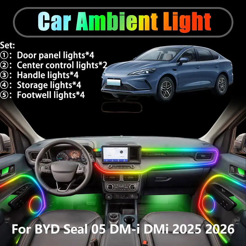 

Для BYD Seal 05 DM-i DMi 2025 2026 2/18 в 1, автомобильное окружающее освещение, светодиодные внутренние светодиодные фонари багажника, USB RGB Ensemble Streamer Auto